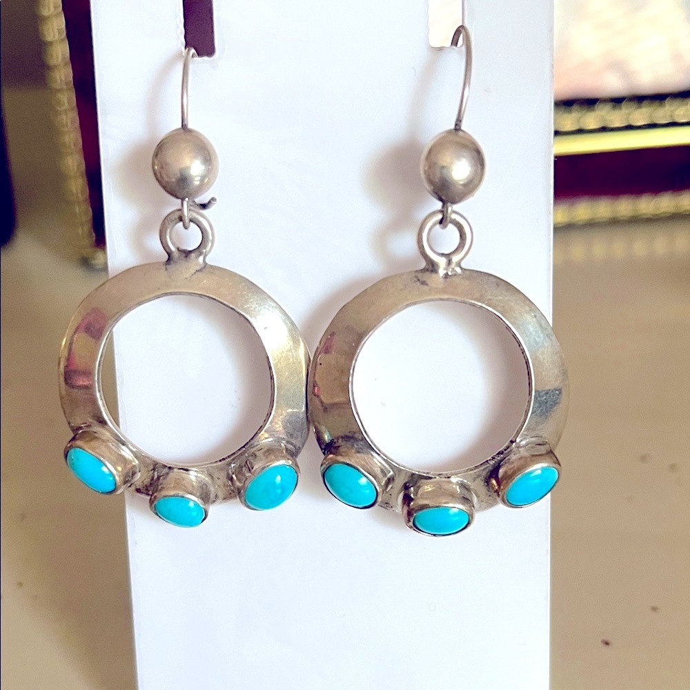 Silver Hoop Earrings with Turquoise Accents